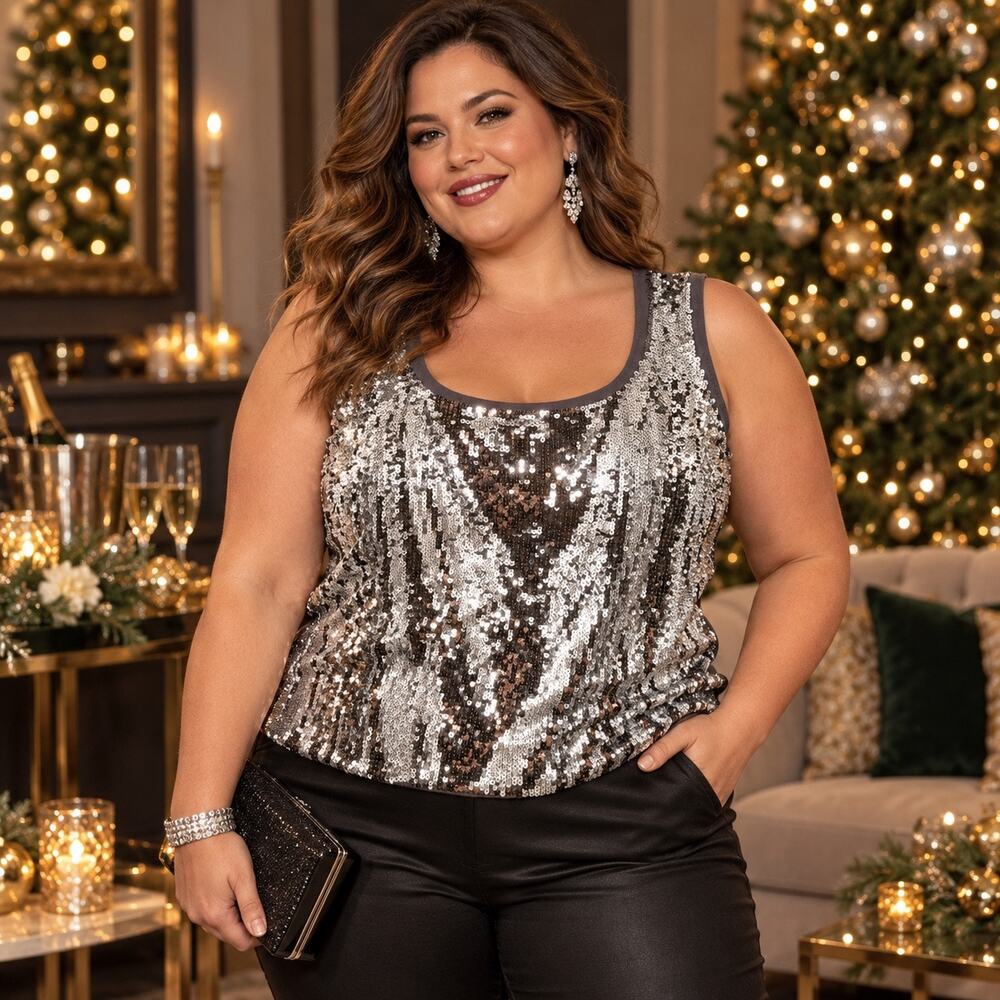 DG2 Diane Gilman Sequin Top Sz 1X Y2K Glam Party Disco Holiday Silver NYE Knit